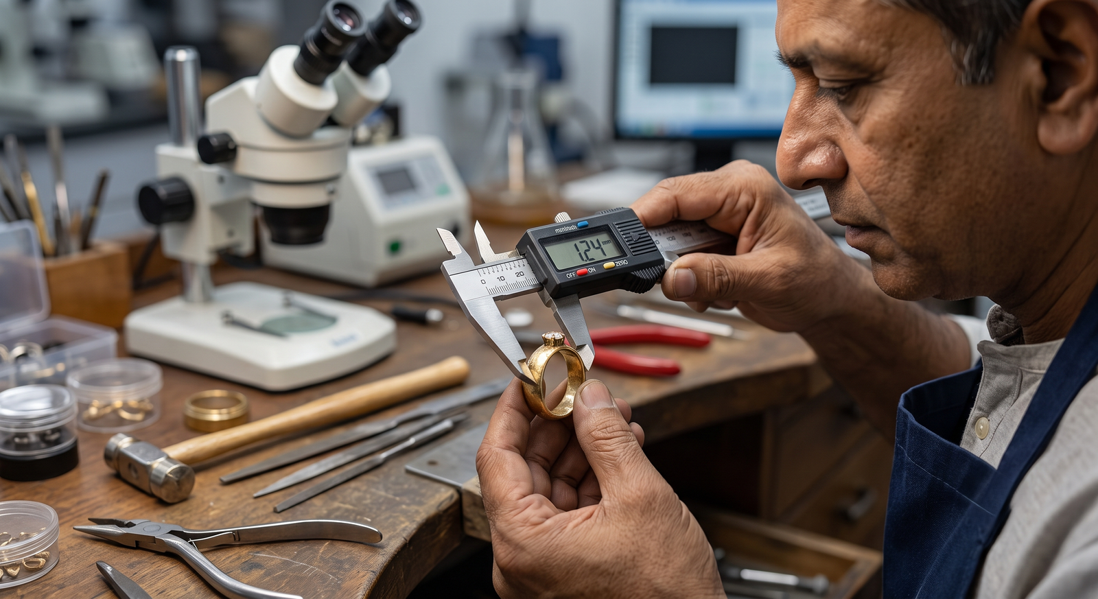 jeweler measuring the thinned shank of a worn gold band with calipers