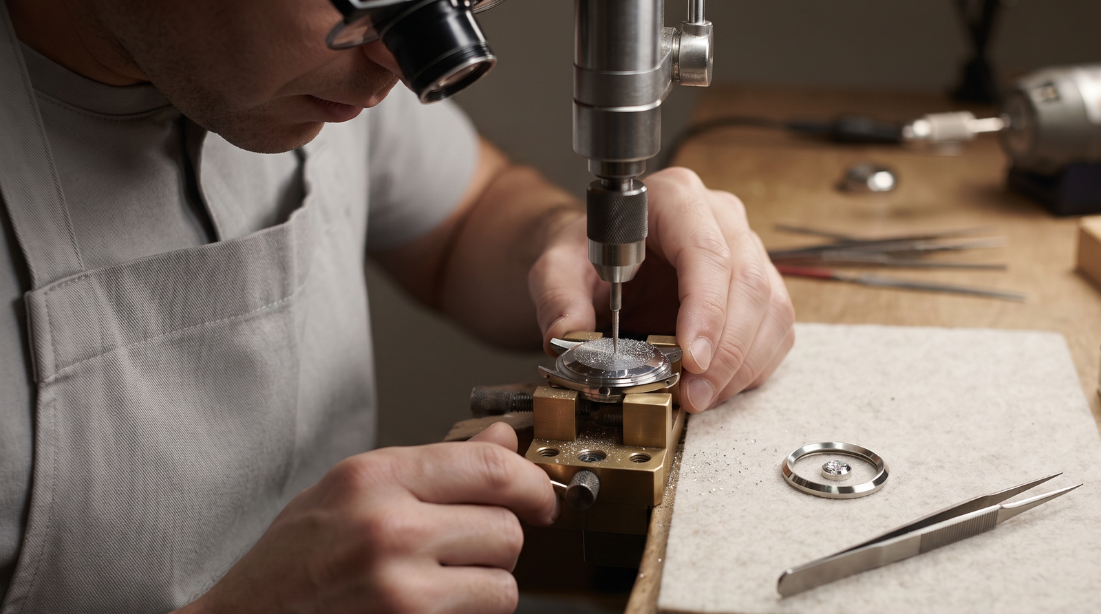 Jeweler at a bench drilling a seat into a watch case back with a collet beside it | **Priority for original photography