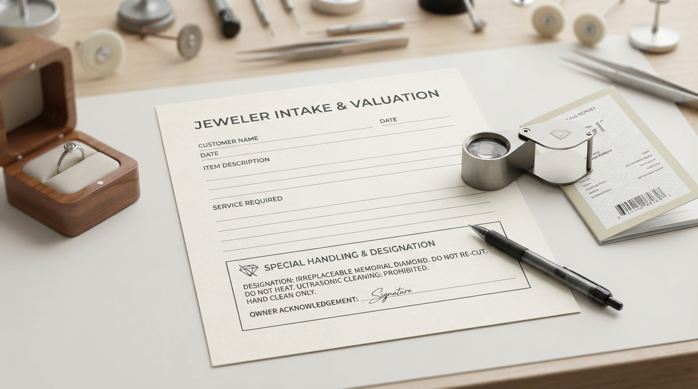 A jeweler's intake form on a bench with a loupe and a grading report, illustrating recording a stone as irreplaceable
