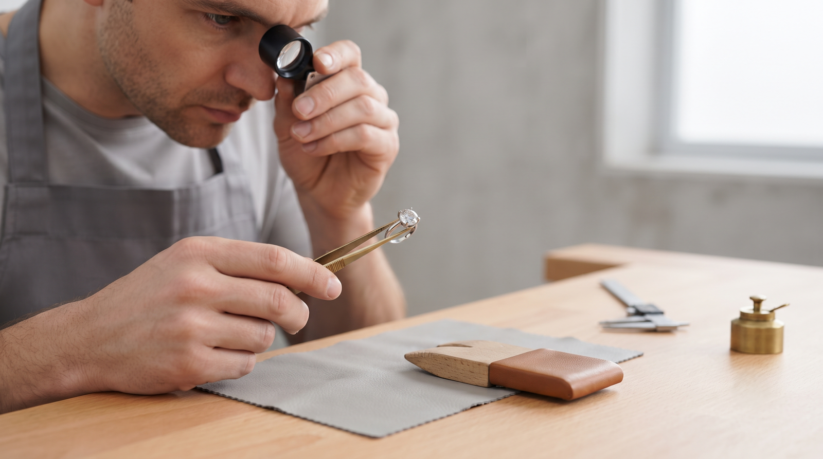 Jeweller examining the claw tips of a set diamond ring through a loupe at a bench