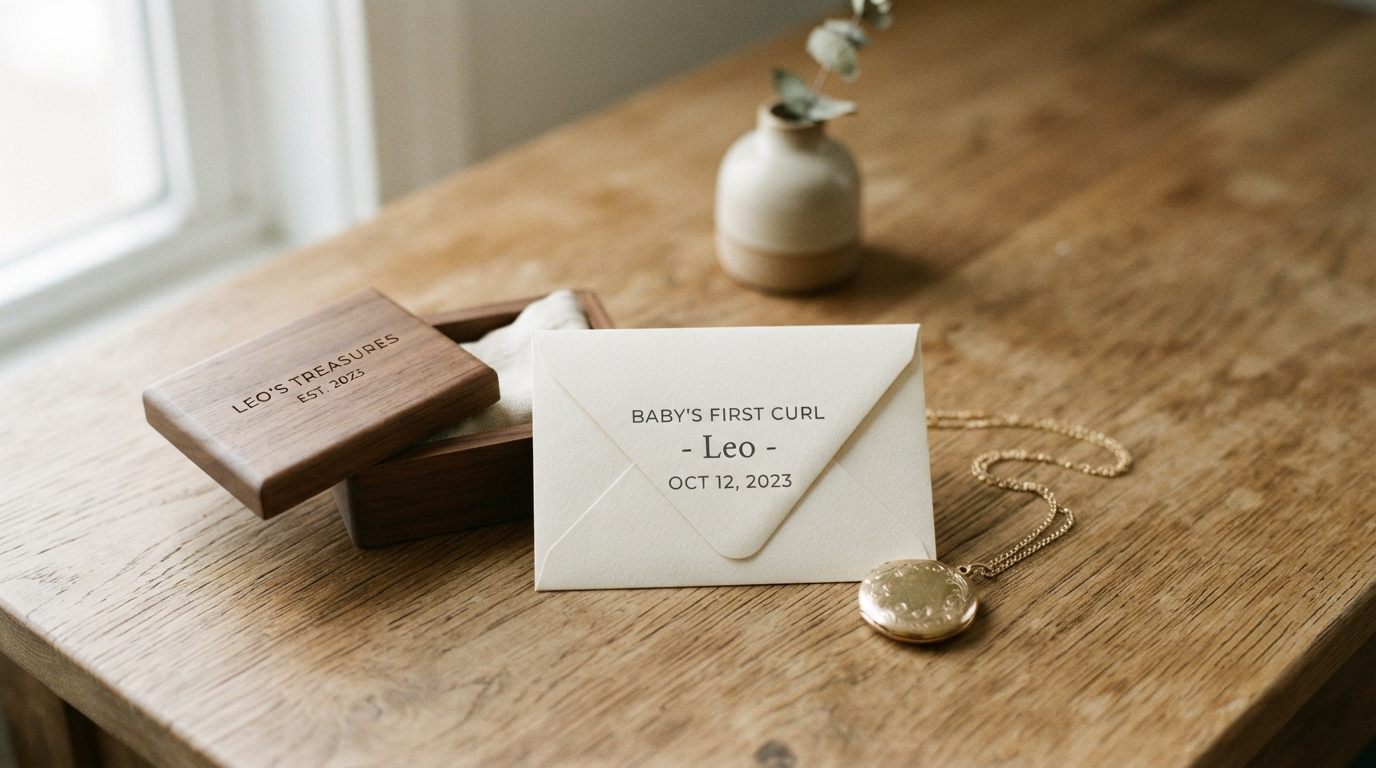A baby curl in a paper envelope, a locket and a keepsake box arranged on a wooden surface