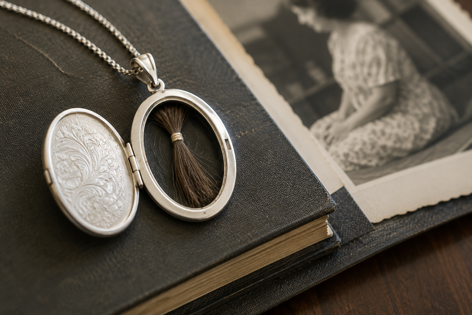An opened keepsake locket holding a lock of hair kept for many years, resting on a photo album