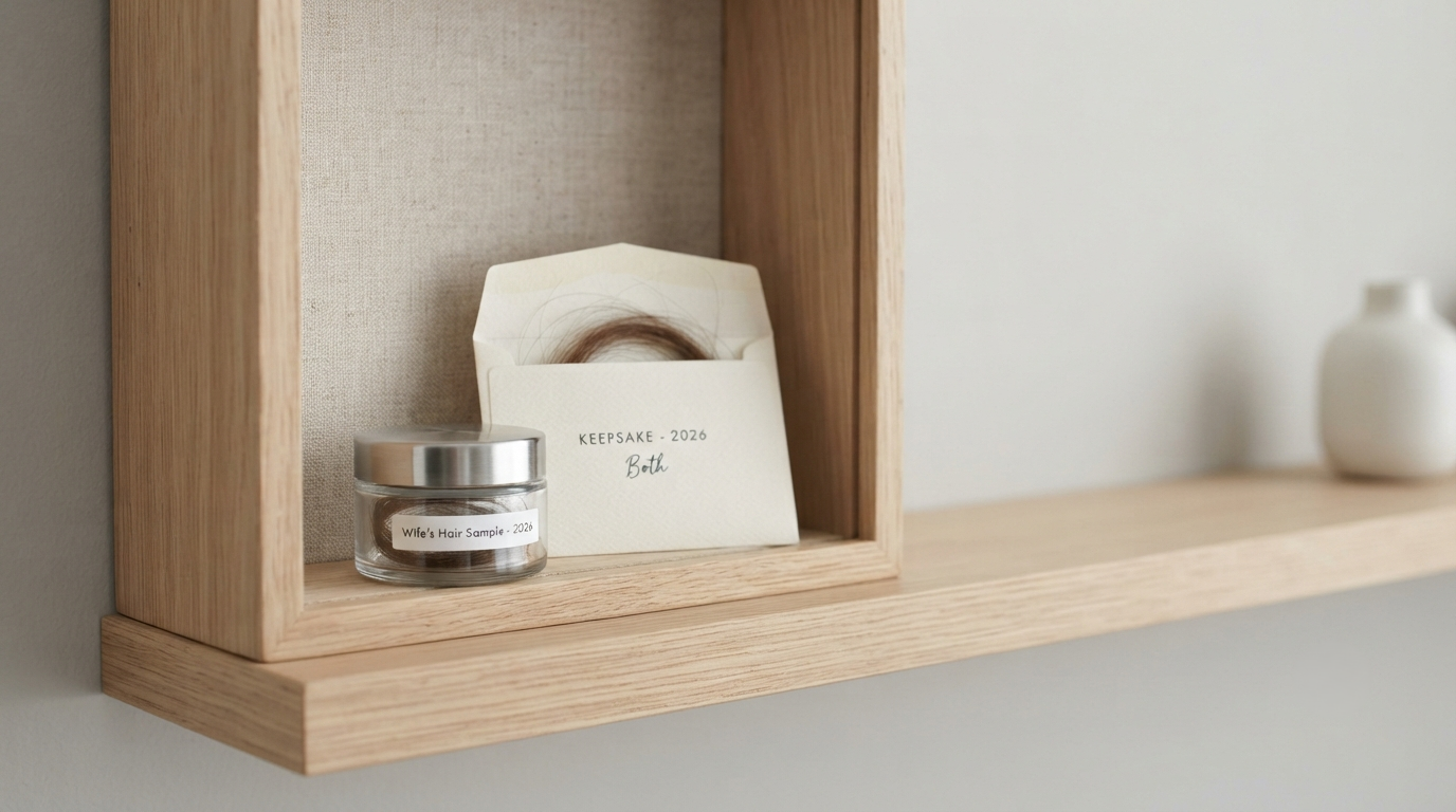 A small sealed container and a paper envelope of hair in a keepsake box on a shelf