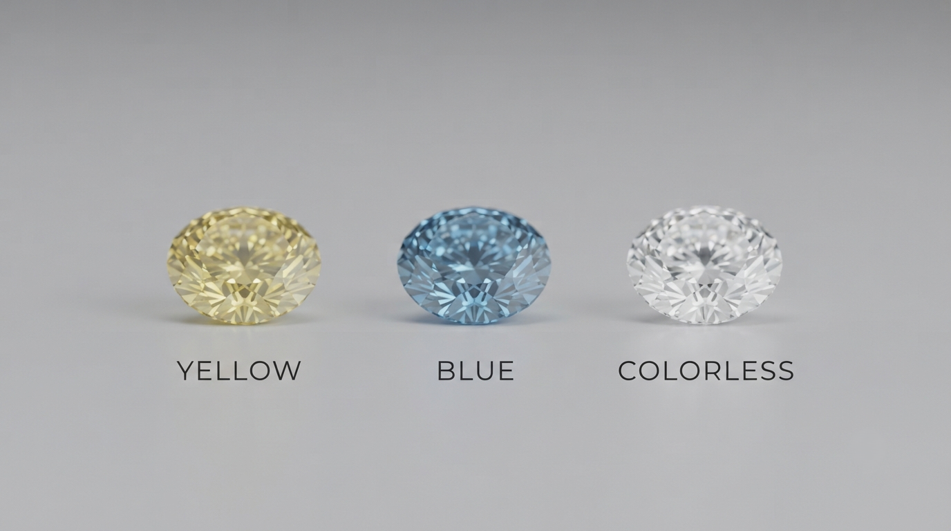 Three loose lab-grown diamonds shown side by side in yellow, blue and colorless to illustrate the trace-element range