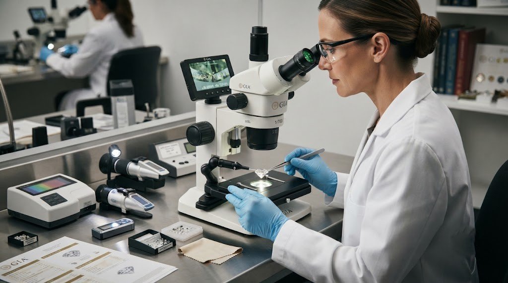 A gemologist examining a lab-grown diamond under magnification at a testing bench