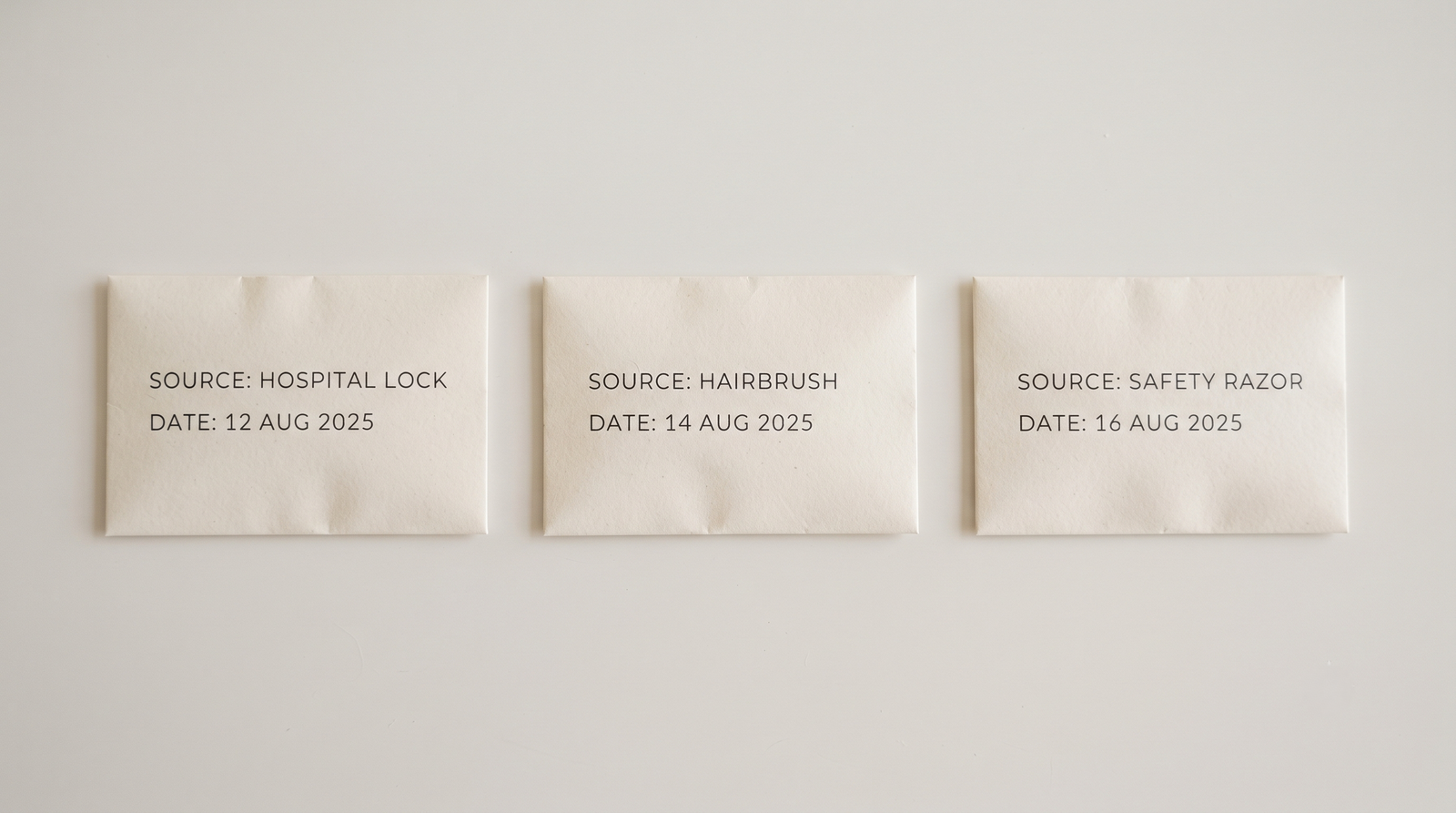 Three labelled paper envelopes, each marked with a different source and date