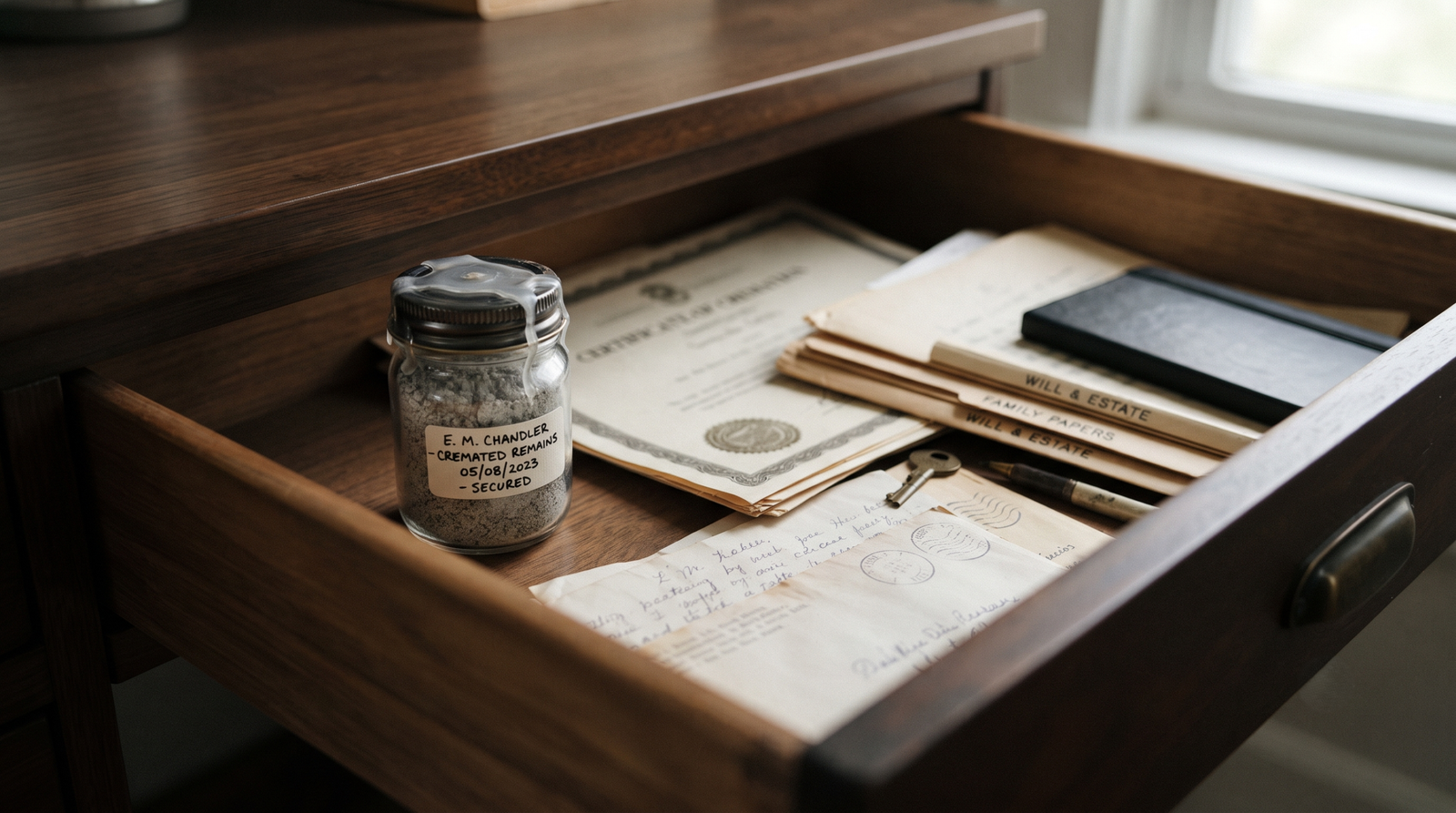 Small labelled, sealed container of cremated remains stored in a drawer alongside documents