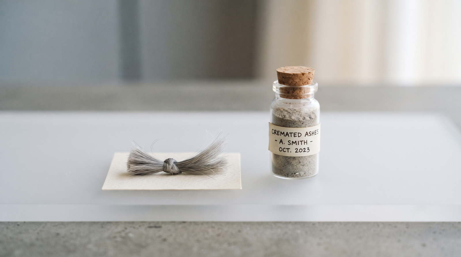 A small lock of grey hair beside a few tablespoons of cremated ashes in a labeled container
