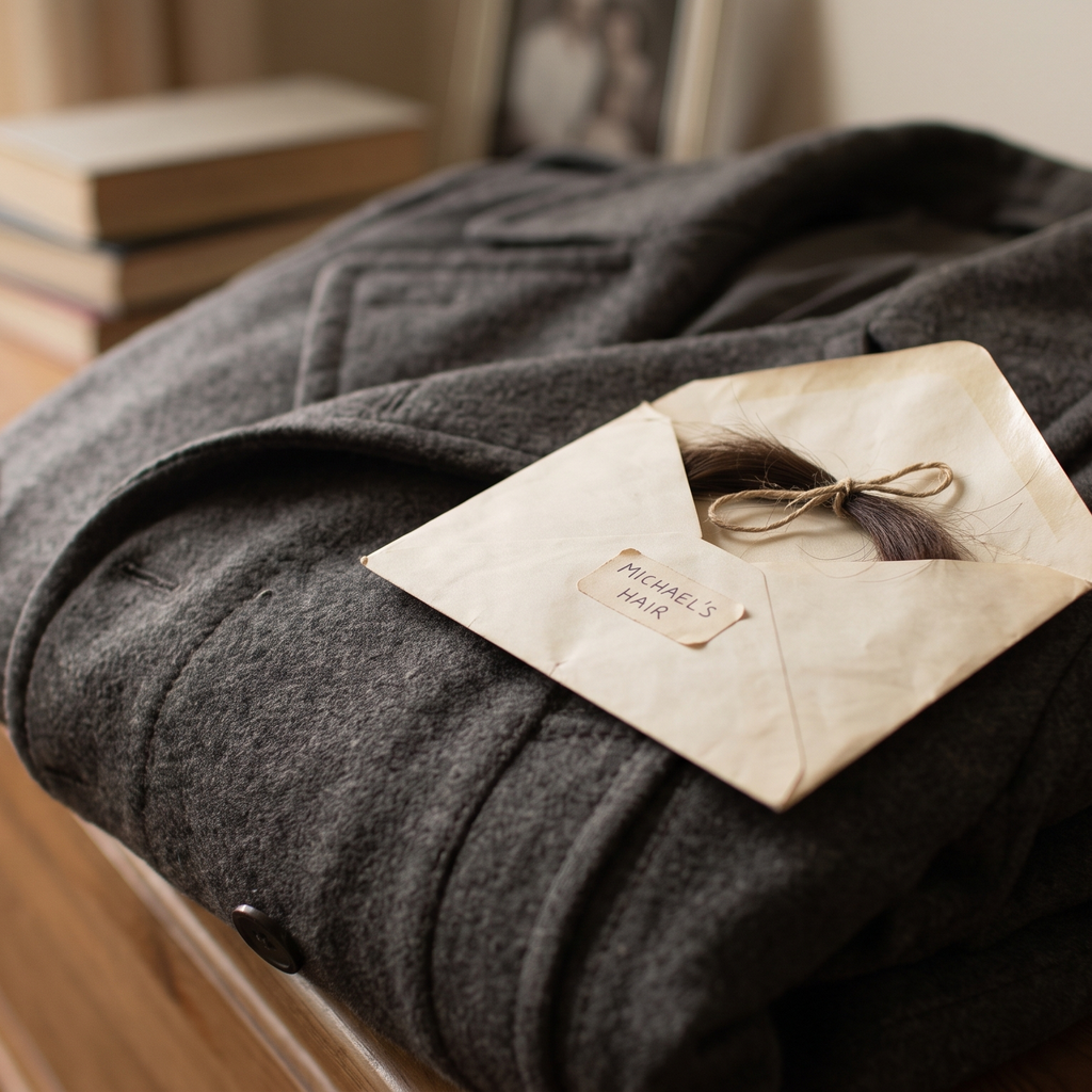A lock of hair in a paper envelope resting on a folded coat 
