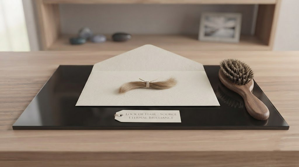 A small lock of hair resting on a paper keepsake envelope beside a wooden hairbrush