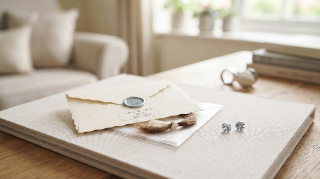 A lock of hair in a keepsake envelope next to two small loose memorial diamonds