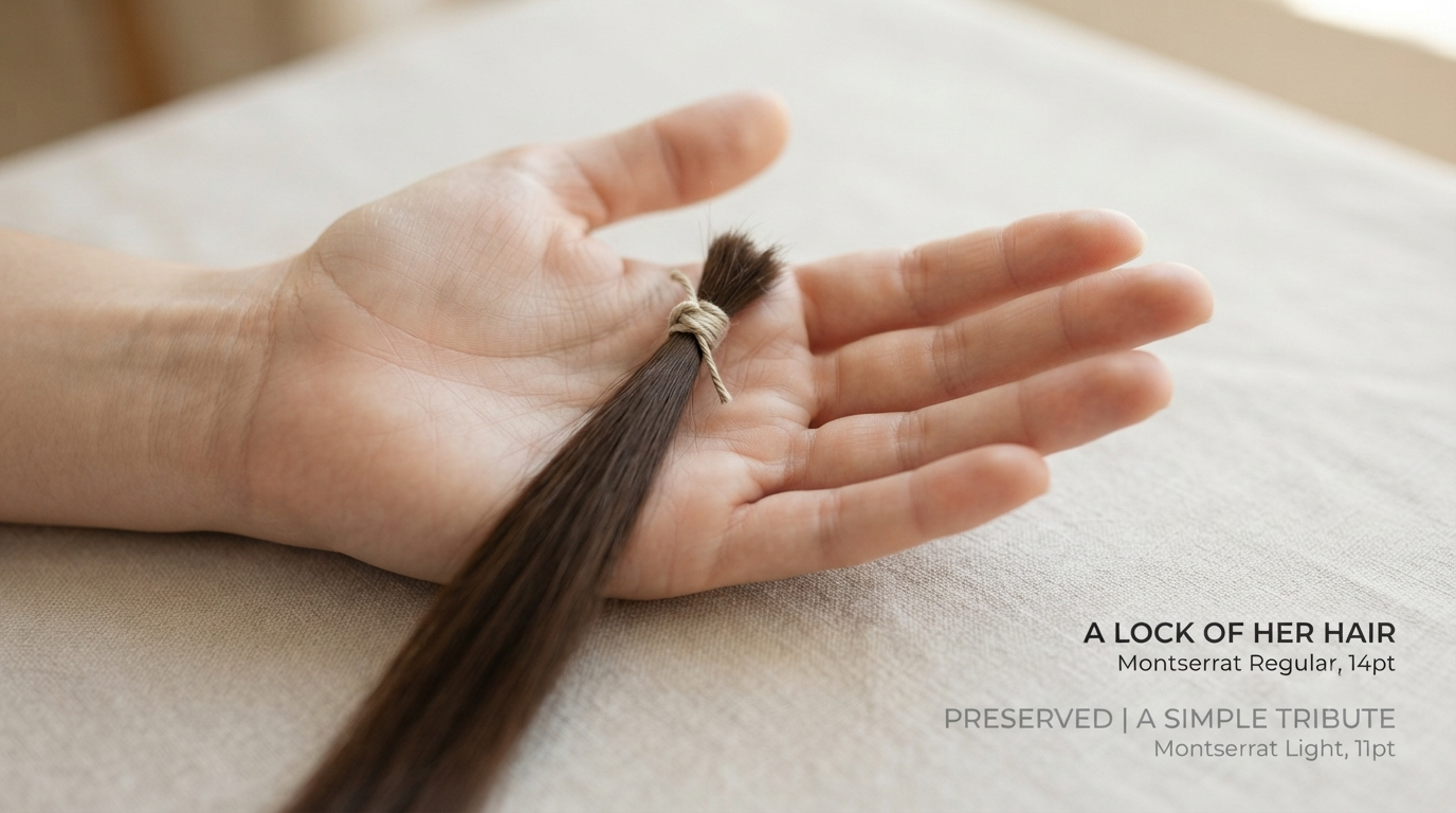 A pencil-thick lock of hair tied with thread resting in an open palm