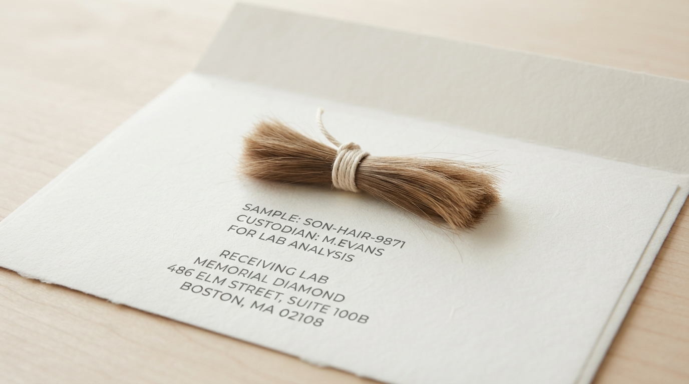 Lock of hair bound with thread, resting on an open paper envelope ready for posting