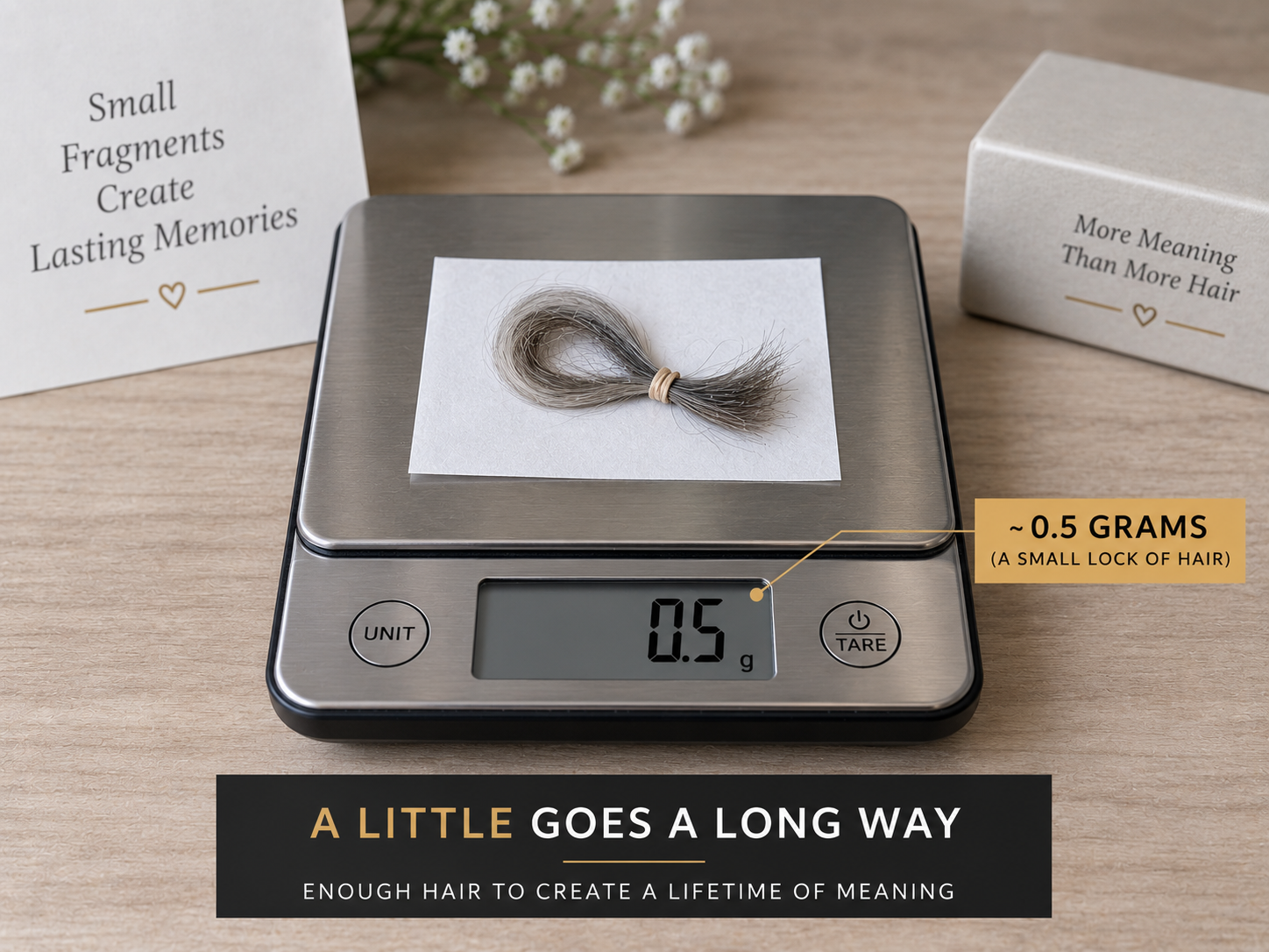 A small lock of hair on a square of paper being weighed on a digital kitchen scale reading in grams