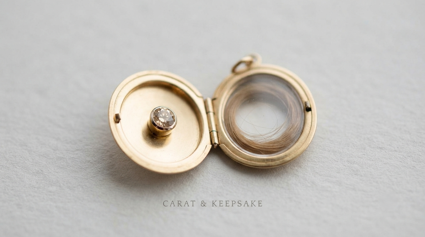 An open gold locket holding a small champagne diamond on one side and a coiled lock of hair on the other