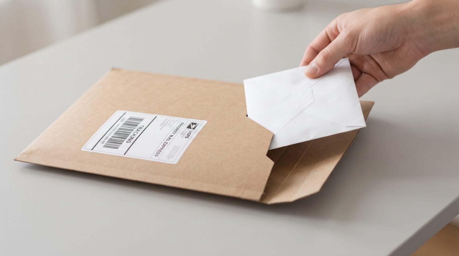 Sealed paper envelope being placed inside a rigid cardboard mailer with a tracking label attached