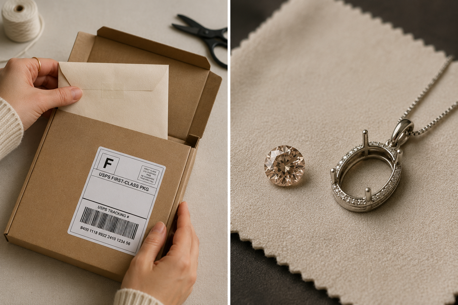 Sealed paper envelope being placed inside a rigid cardboard mailer with a tracking label attached