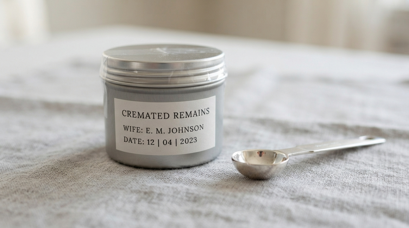 A small sealed container of cremated remains, labeled and dated, next to a measuring spoon on a clean cloth