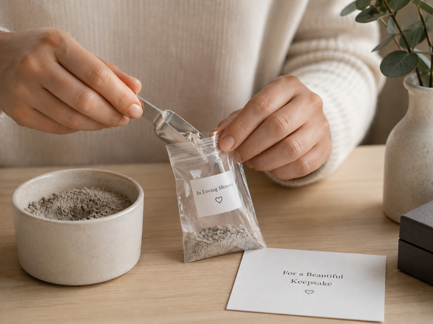 Small scoop transferring a measured portion of cremated remains into a sealable bag on a clean table 