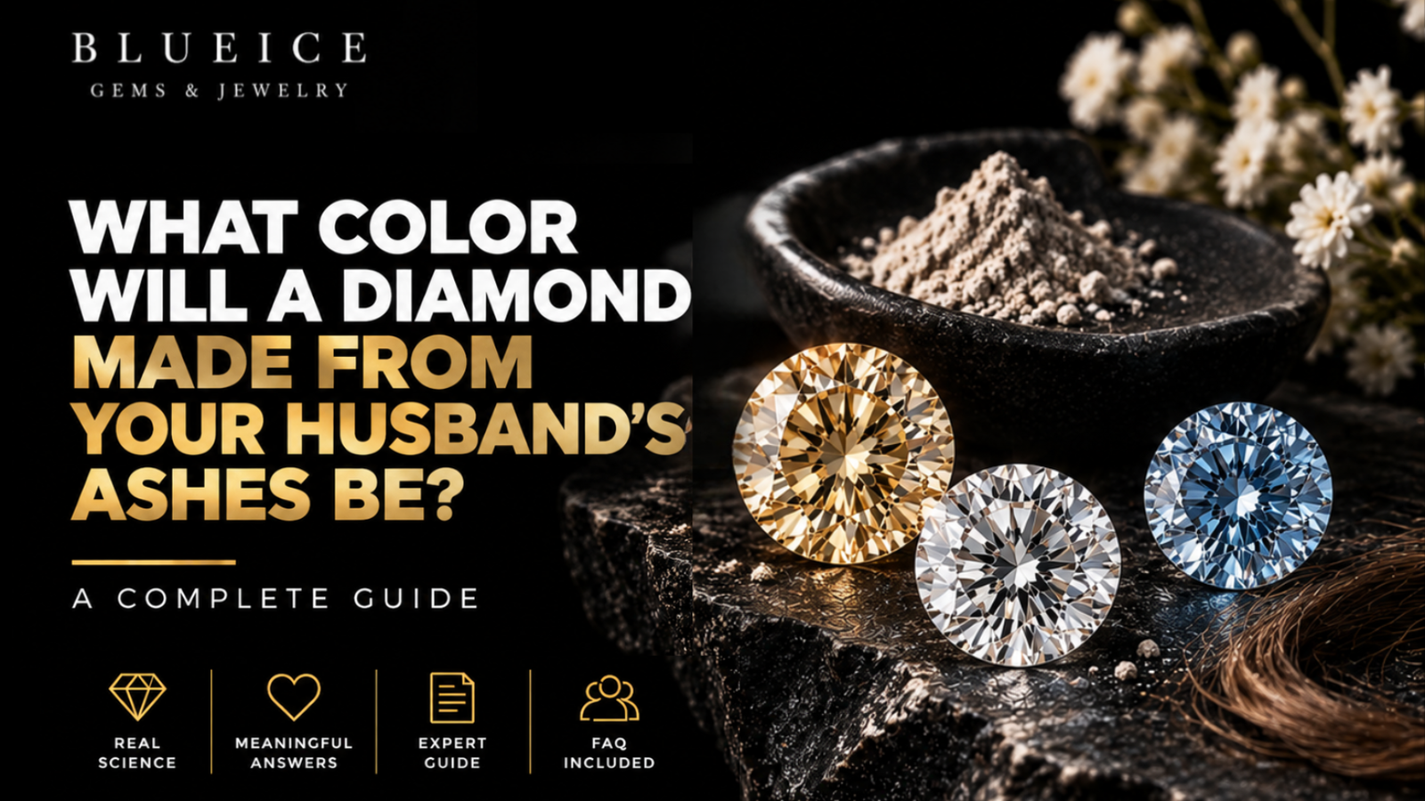 Memorial diamonds in yellow, champagne, and blue displayed beside cremation ashes and hair on a black luxury surface