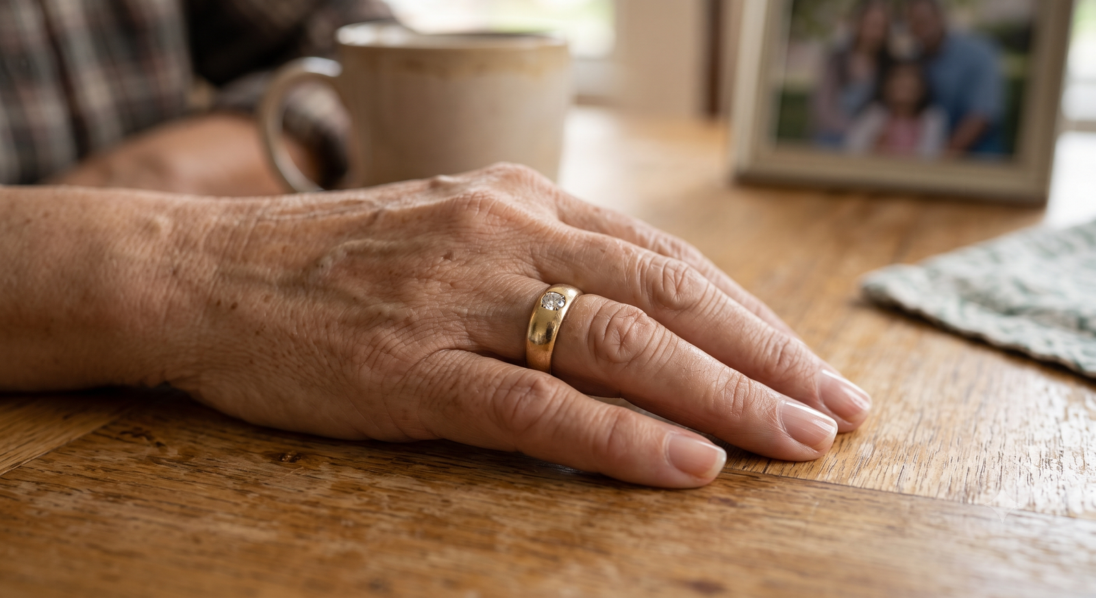 Older woman's hand wearing a gold band with a small additional stone set beside the original