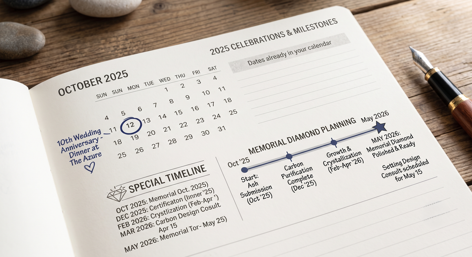 Calendar page with an anniversary date circled alongside a memorial diamond timeline note