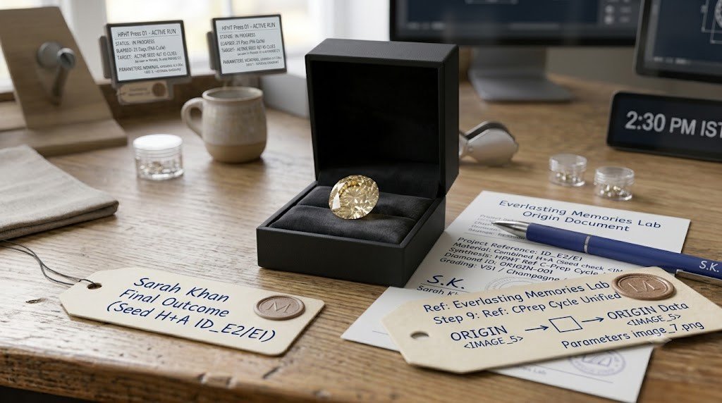 A loose memorial diamond resting in an open presentation box beside its origin document