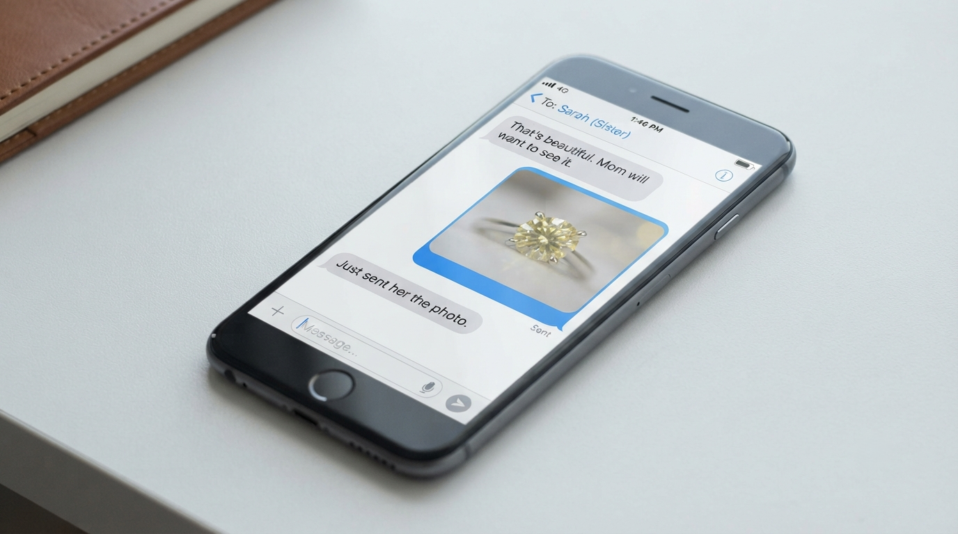 A phone screen showing a photo of a finished yellow memorial diamond ring being sent in a message