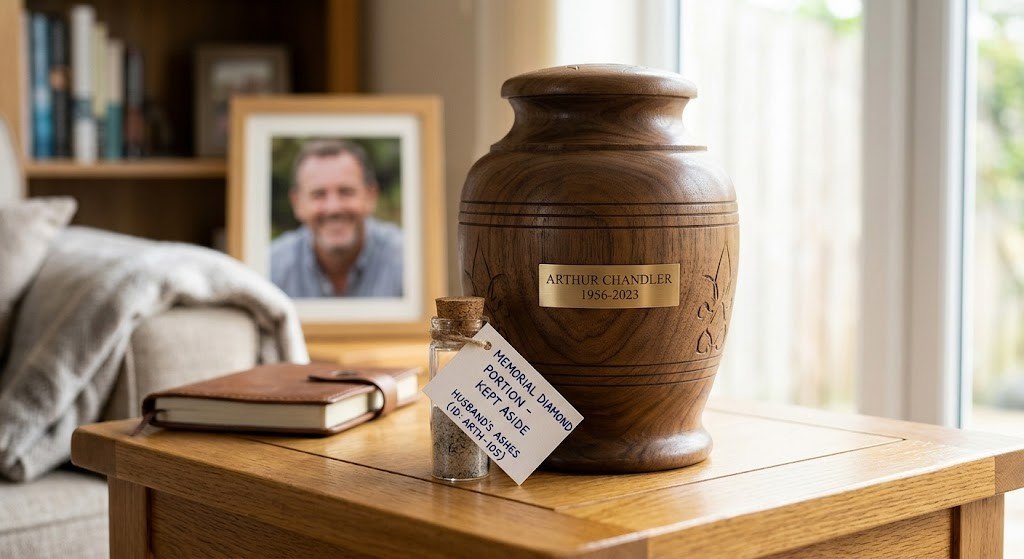 Small labeled portion of ashes kept aside, preserving the option for a future memorial diamond