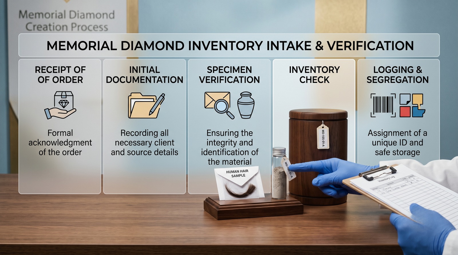  Urn and a small envelope of hair being reviewed together as a starting inventory 