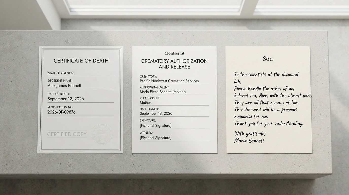 A death certificate, a crematory release form and a handwritten note laid out side by side