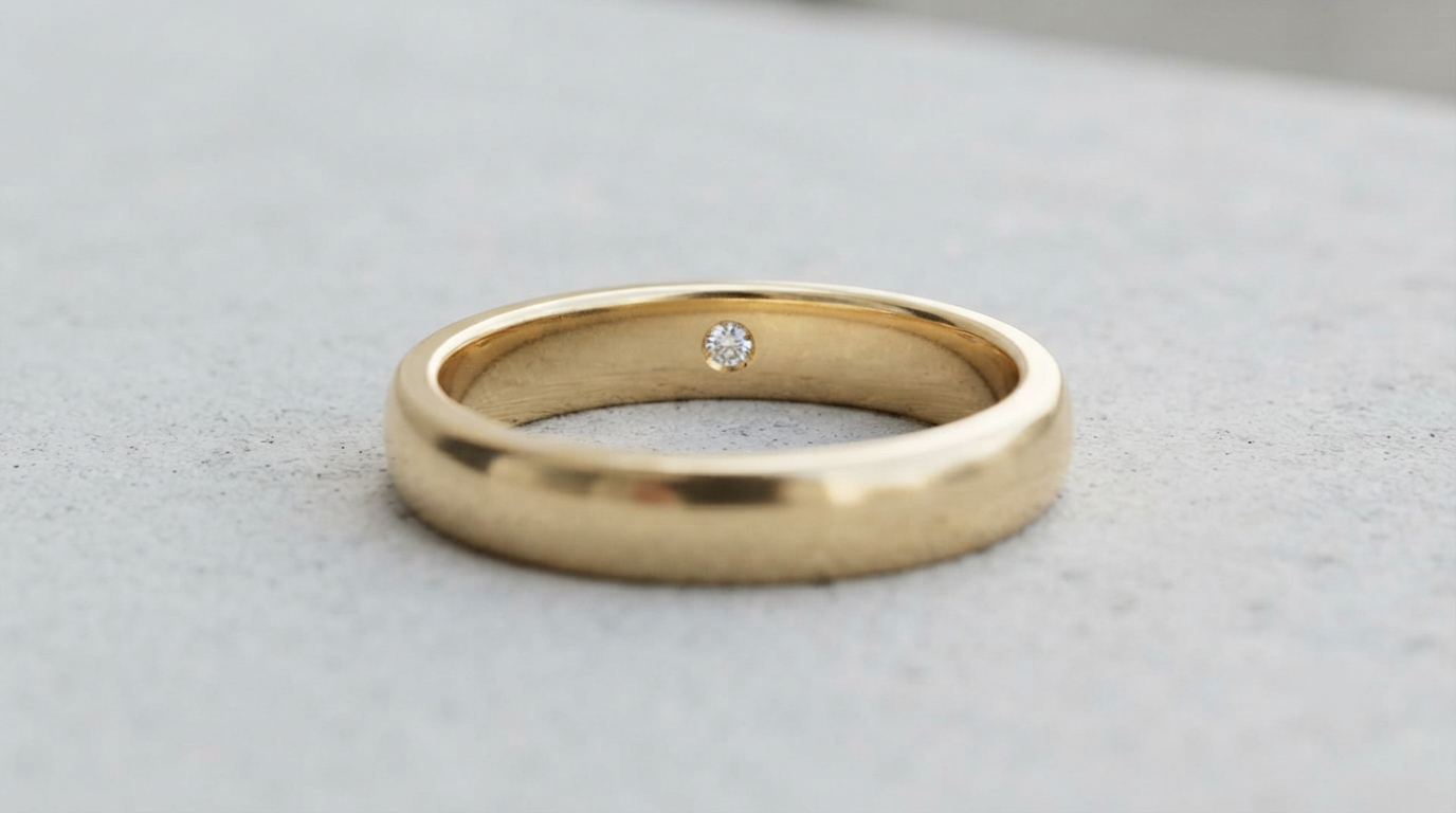 A plain gold band turned to show a small diamond flush-set on its inner face