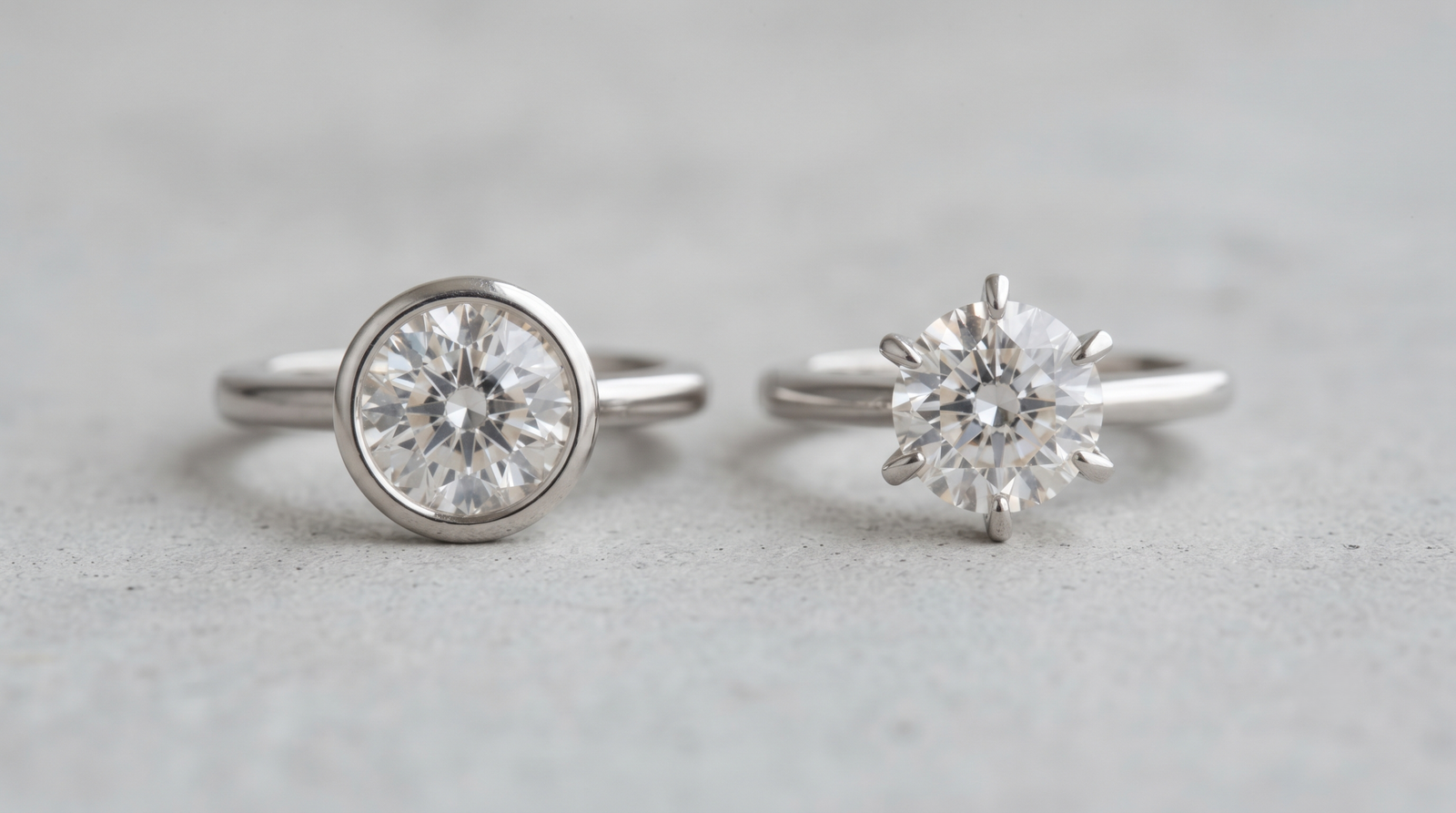 Bezel setting and six-prong setting photographed side by side at the same angle, girdle visible on the prong version