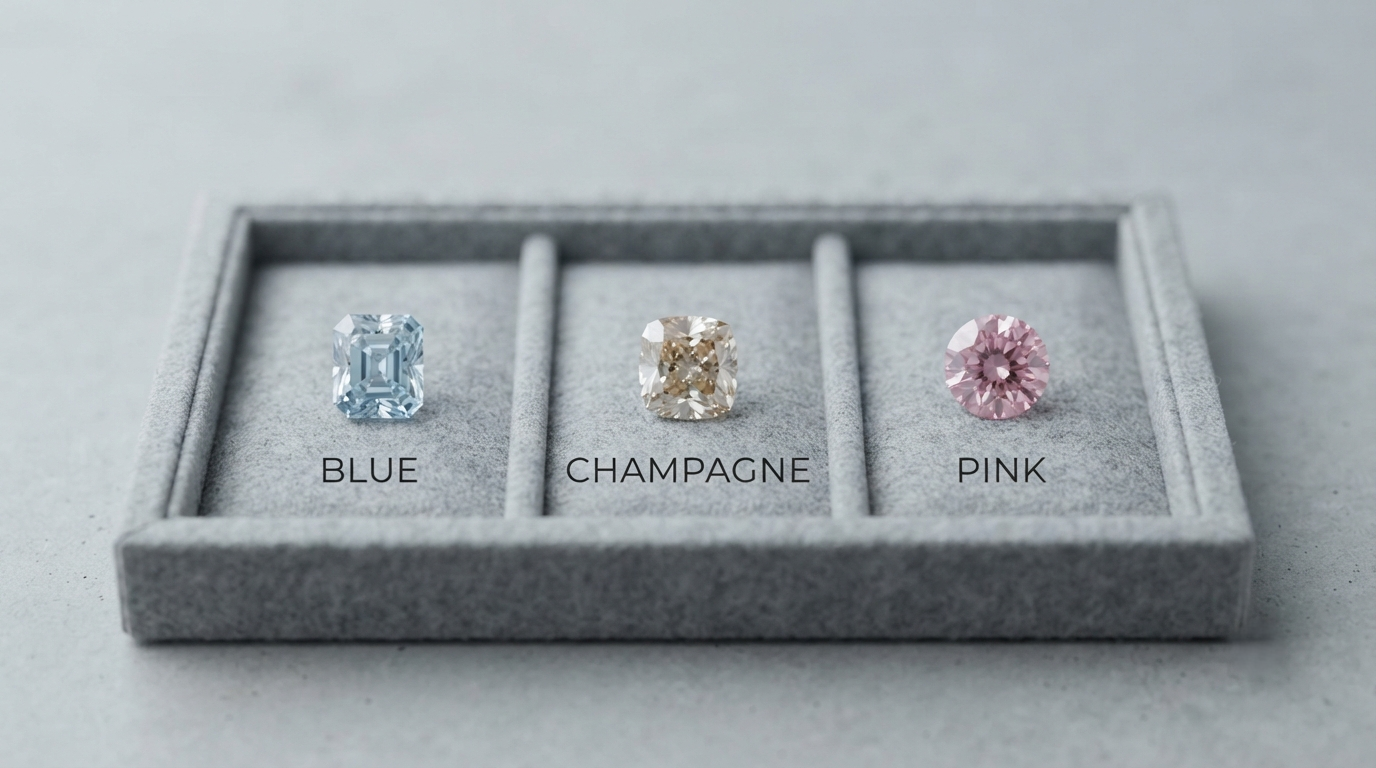 Three loose memorial diamonds — light blue, champagne, and irradiated pink — on a gray grading tray