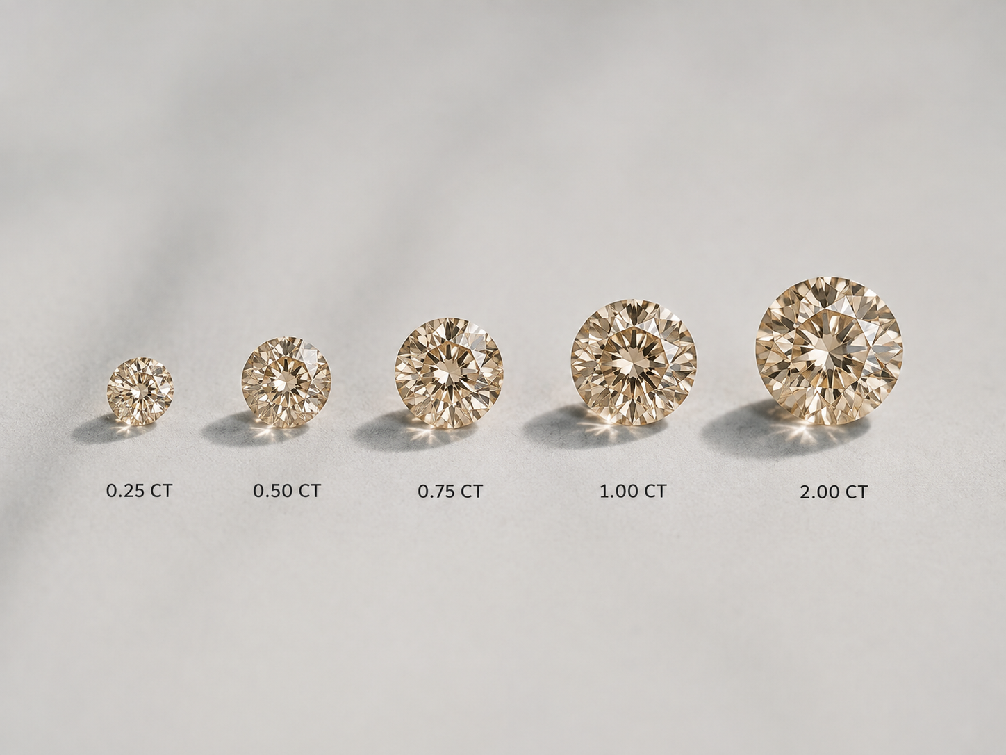 Five memorial diamonds ranging from 0.25 to 2 carats laid out in size order on a pale gray surface