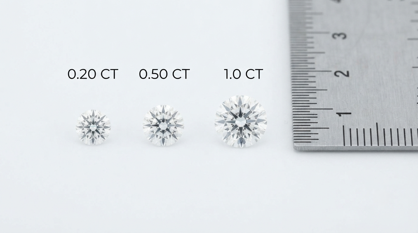 Loose diamonds at 0.20, 0.50, and 1.0 carat beside a ruler for scale