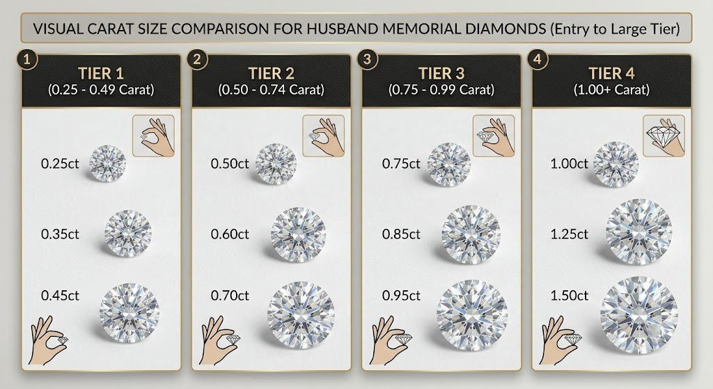 Side-by-side visual comparison of memorial diamond carat sizes from entry to large tier