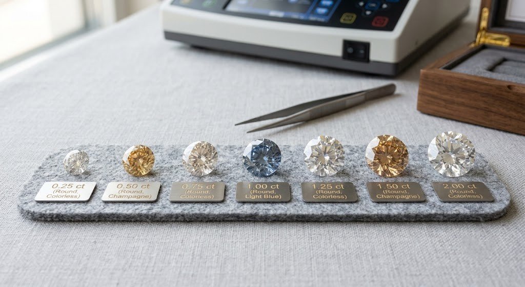  A row of loose lab-grown memorial diamonds from 0.25 to 2 carats shown at relative scale on a neutral surface