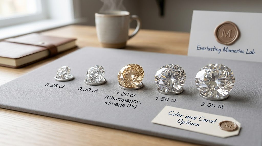 A row of loose memorial diamonds from 0.25 to 2 carats shown at relative scale