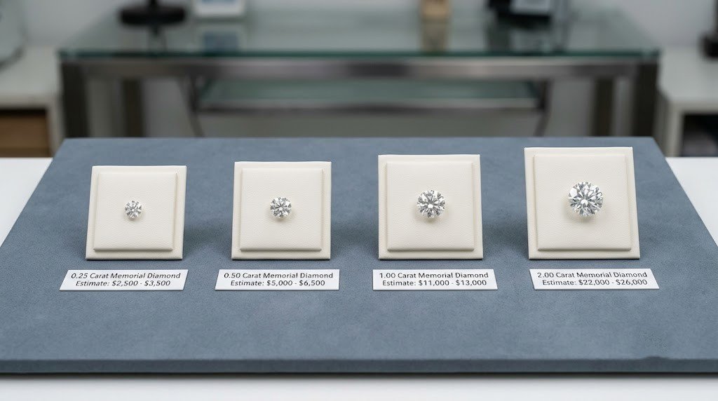  Four loose memorial diamonds of increasing carat weight arranged in a row to illustrate how price scales with size