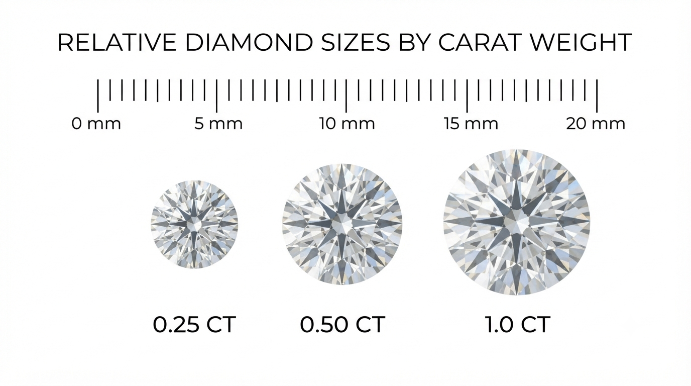Loose diamonds at 0.25, 0.50, and 1.0 carat beside a millimeter ruler