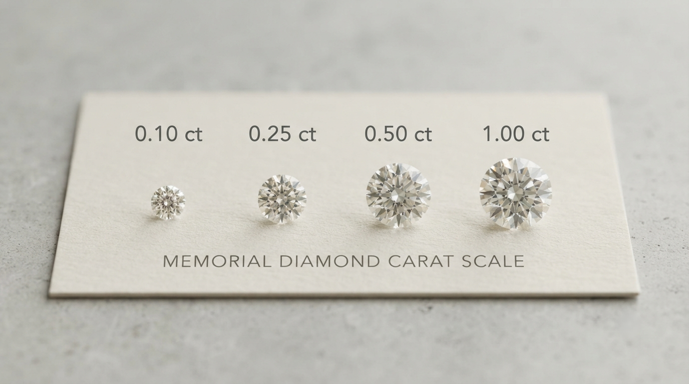 Four loose memorial diamonds of increasing carat size laid out in a row against a neutral card for scale