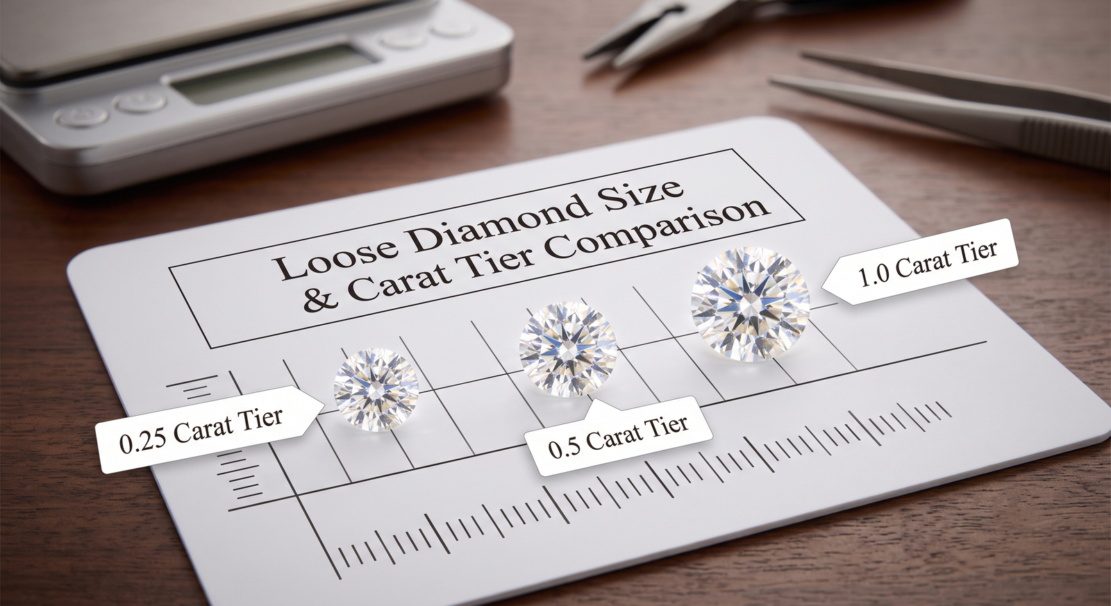Three loose lab-grown diamonds of roughly 0.25, 0.5 and 1 carat side by side on a scale card, showing why carat drives cost