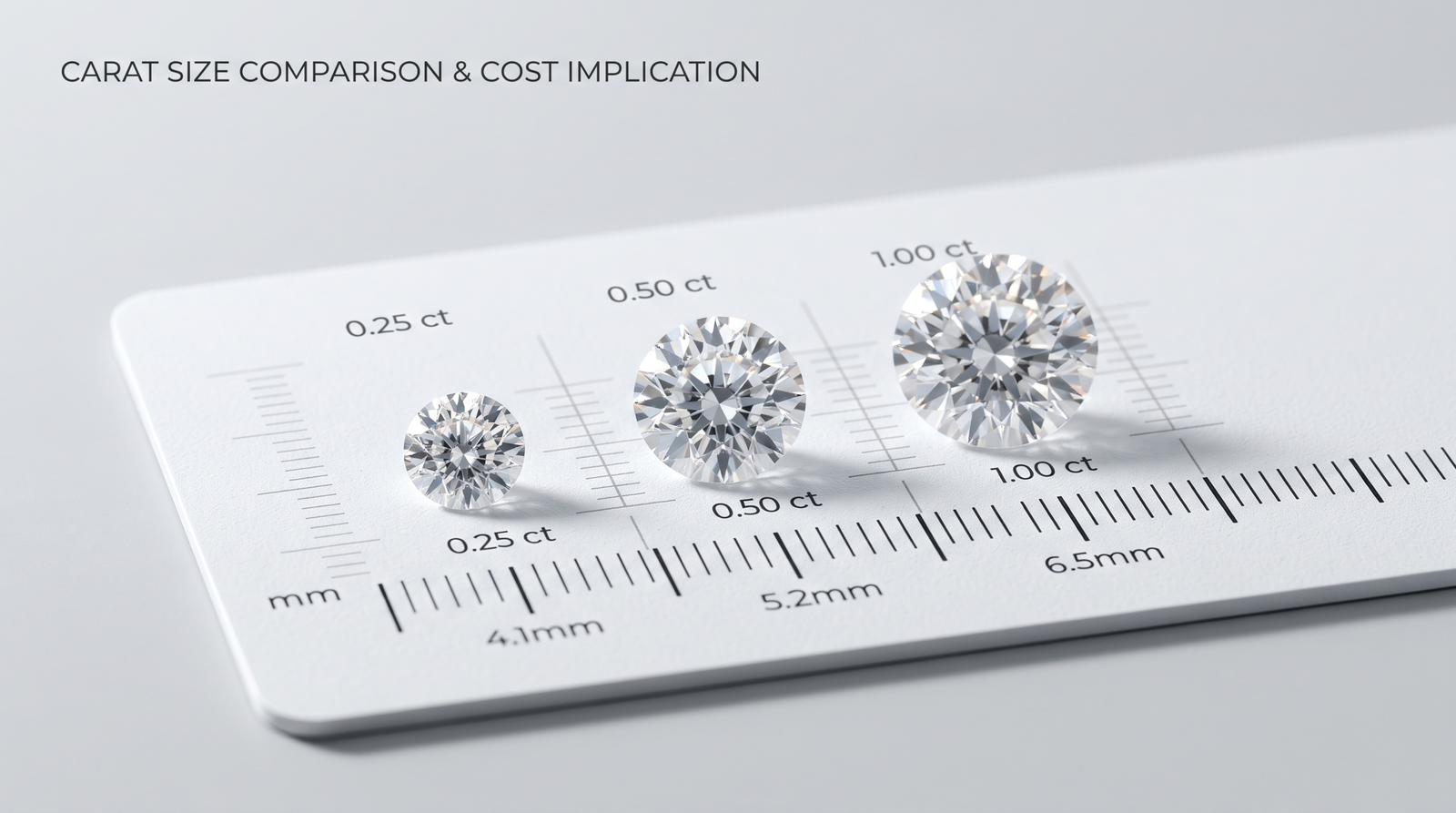 Three loose lab-grown diamonds of roughly 0.25, 0.5 and 1 carat side by side on a scale card, showing why carat drives cost