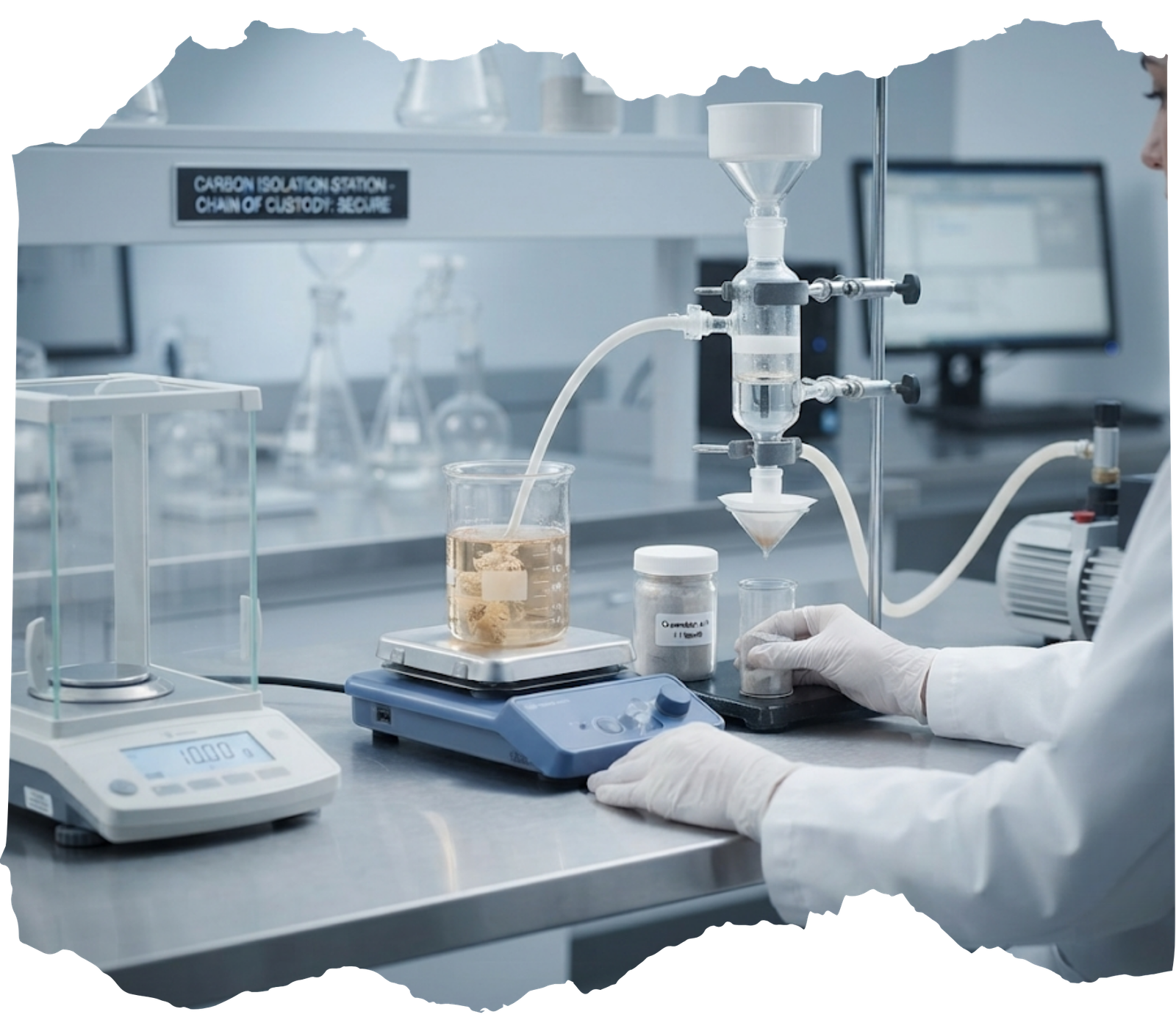 A laboratory technician in a white lab coat and gloves precisely measuring and heating cremation ash powder to begin the carbon isolation process for a memorial diamond.