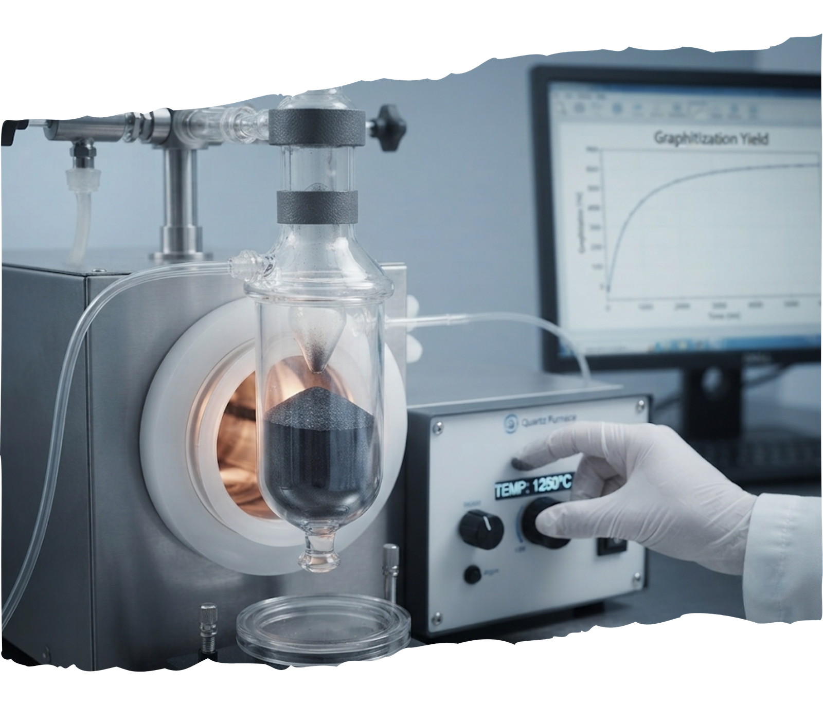 Inside a clean laboratory, a gloved hand adjusts a high-temperature furnace used to transform purified ash-carbon into a stable graphite structure, a crucial step in creating cremation diamonds.