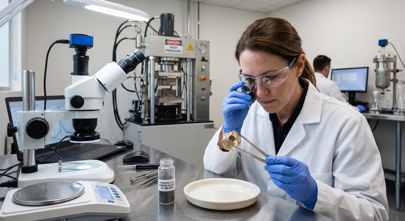 Gemologist examining a rough diamond crystal grown from purified ash-derived carbon 