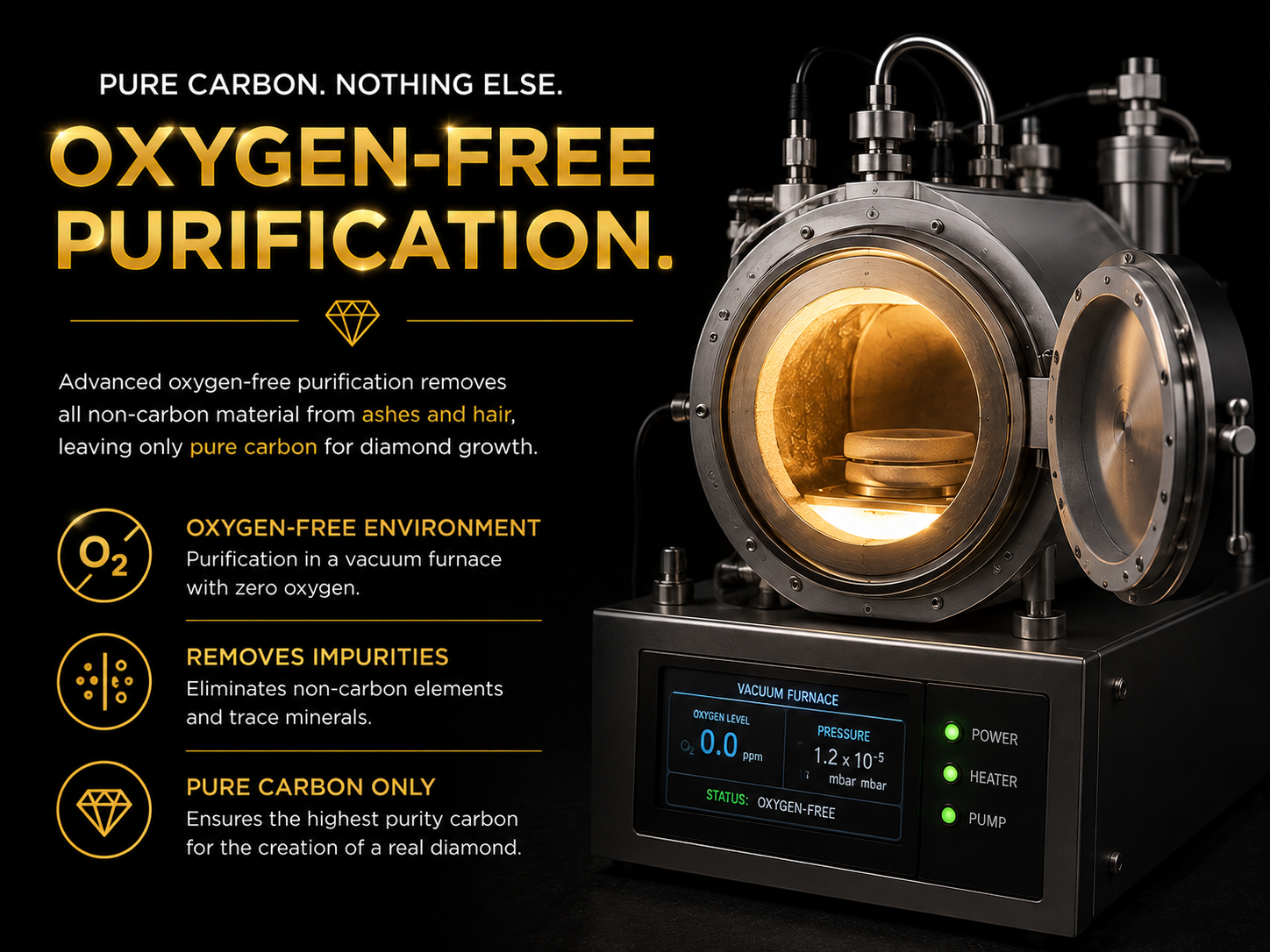 Oxygen-free purification furnace used to strip non-carbon material from ash and hair before diamond growth 