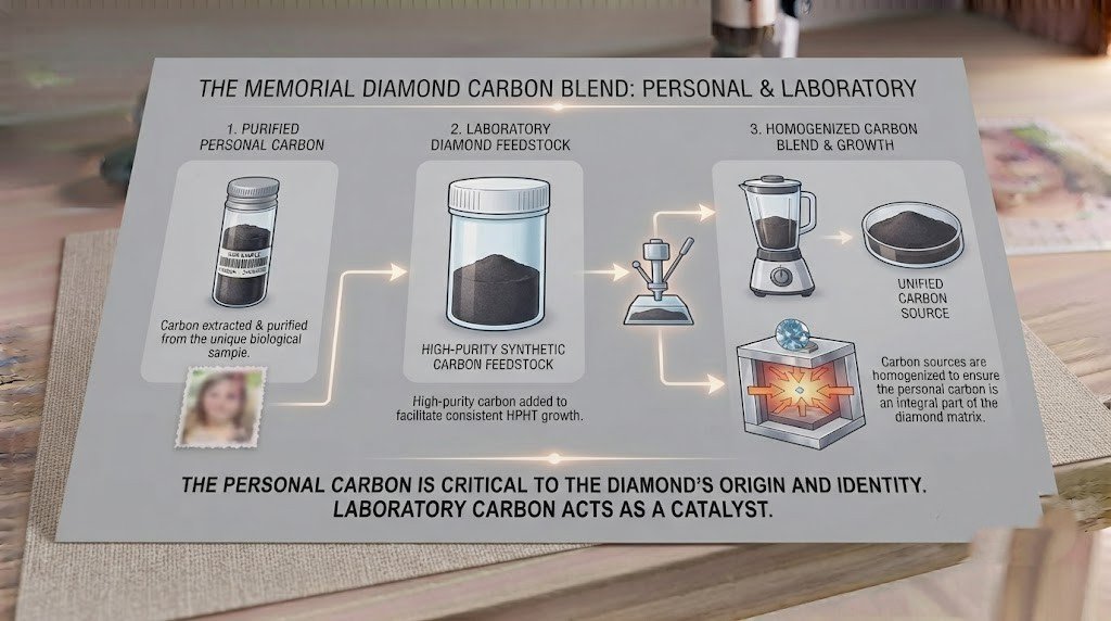 A simple diagram showing personal carbon blended with laboratory carbon before diamond growth