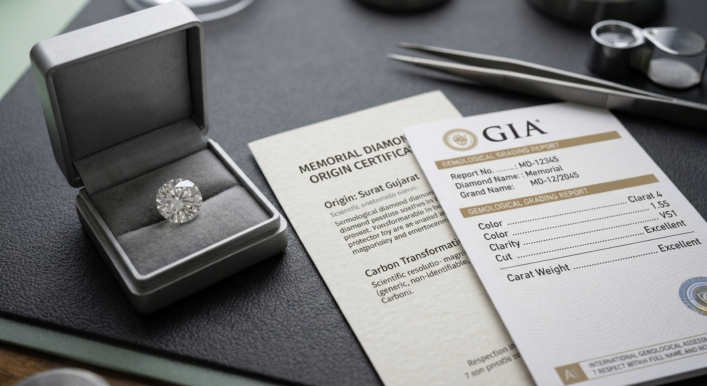 oose memorial diamond in a presentation case beside a folded grading report and origin certificate
